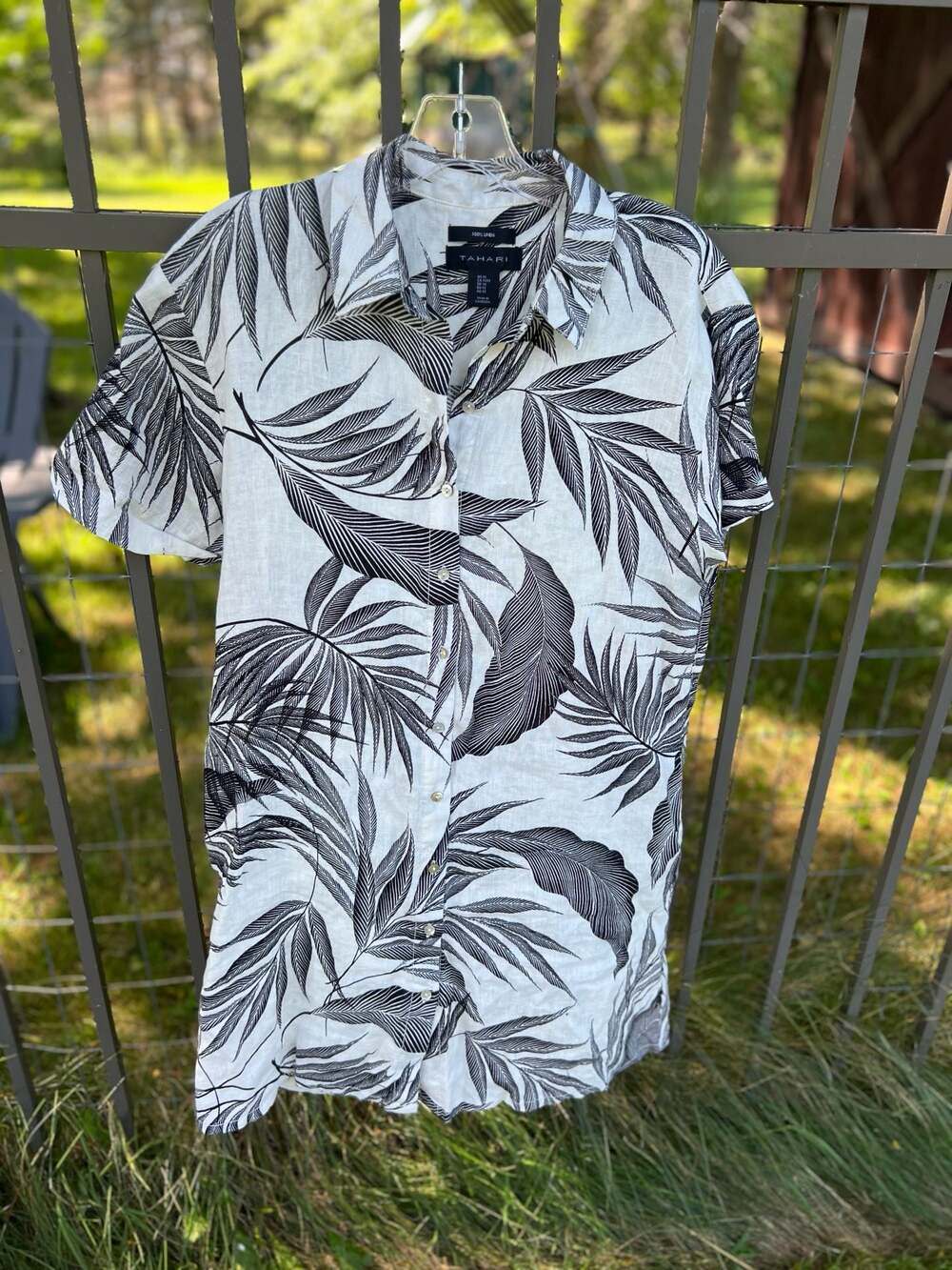 Tahari 100% Linen Tropical Palm Leaf Print Shirt Dress
